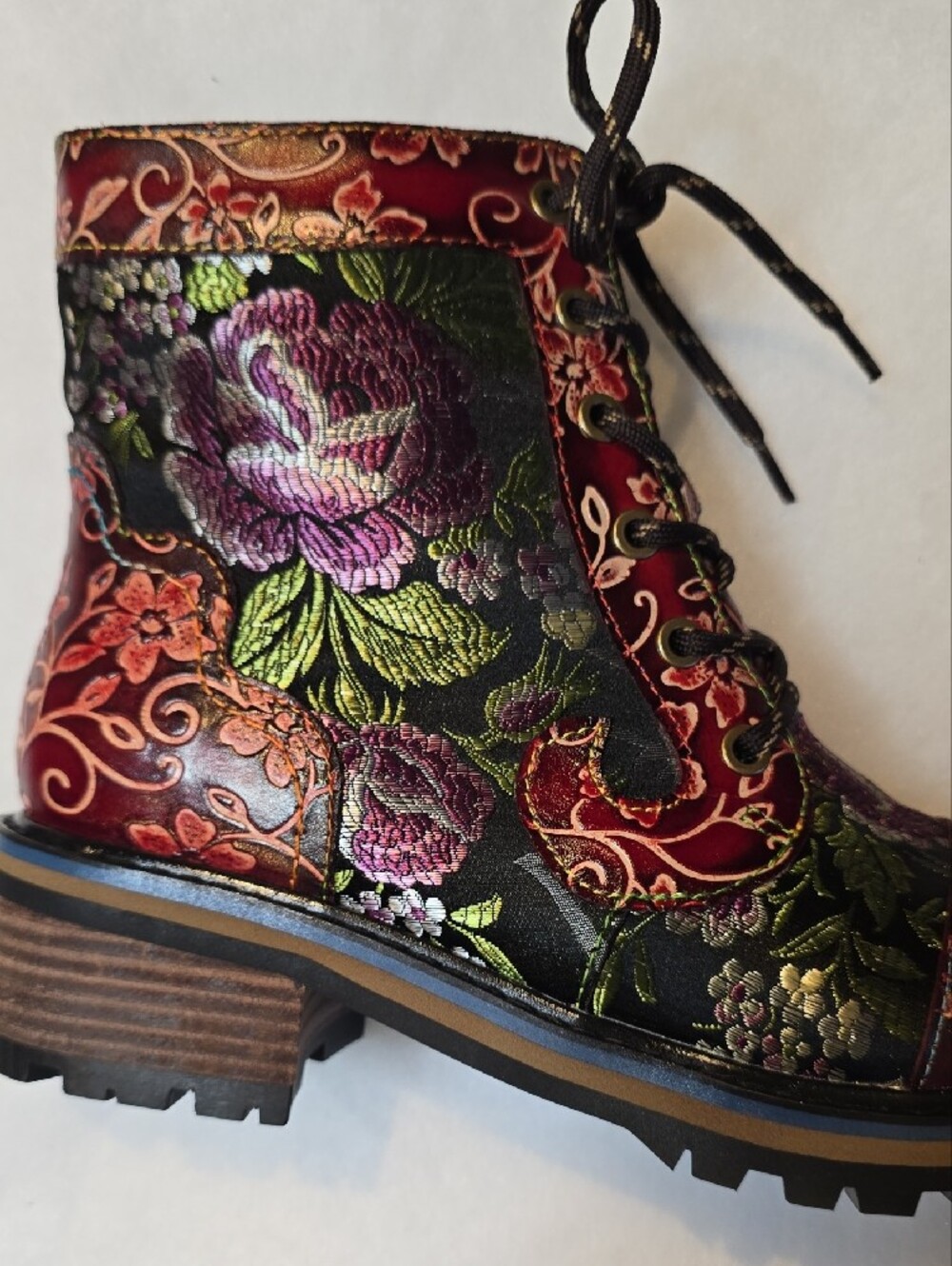 Embroidered Floral Lace-Up Ankle Boots - Burgundy Multi - Picture 6 of 10